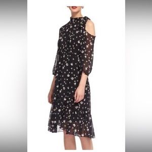 Whistles black dress with white tulips, cut out at shoulder with bow neck detail